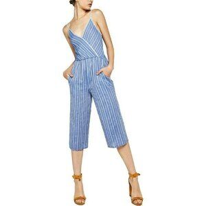 BCBGeneration Linen Blend Blue White Stripe Wrap Sleeveless Jumpsuit Size Medium